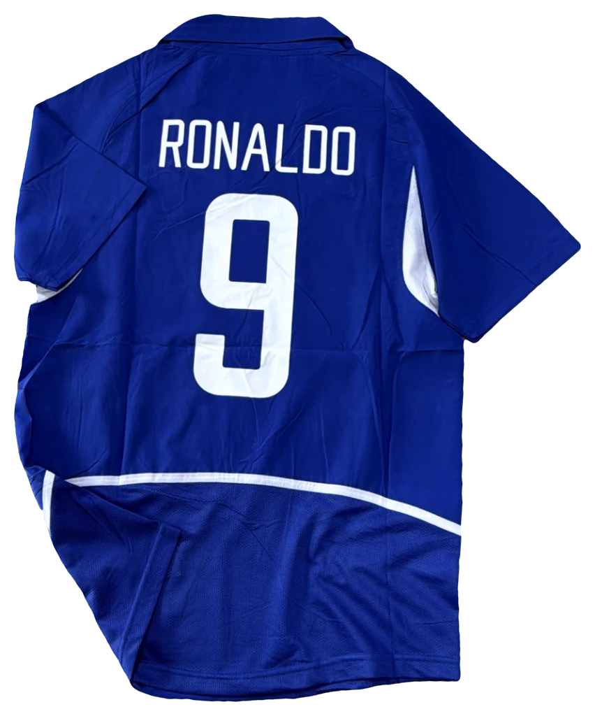 Camisa Brasil × Ronaldo, azul com recortes, costas