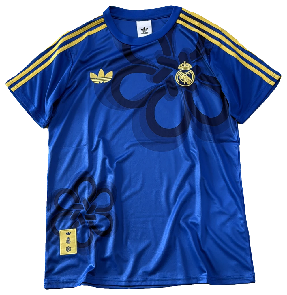 Camisa Real Madrid Azul, estampa de flores, frente